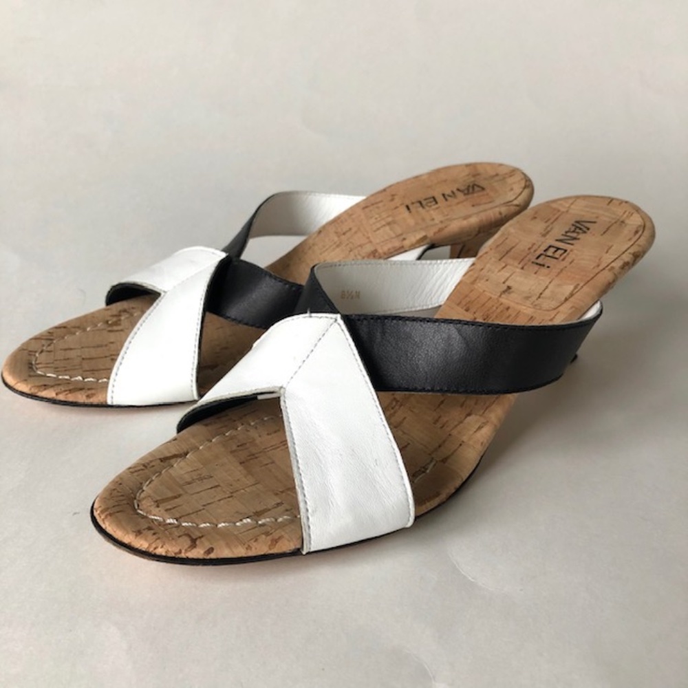 Vaneli White & Black Leather Sandal Heel